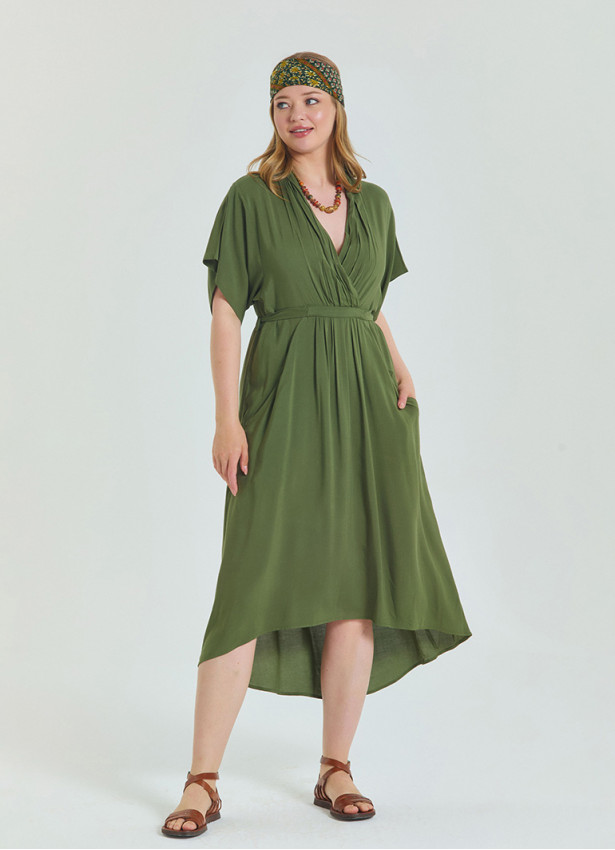V Neck Pleated Detail Khaki Casual Plus Size Dress 4607